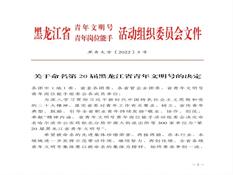 喜報(bào)！水利水電集團(tuán)二公司第一項(xiàng)目部 榮獲“第20屆黑龍江省青年文明號”